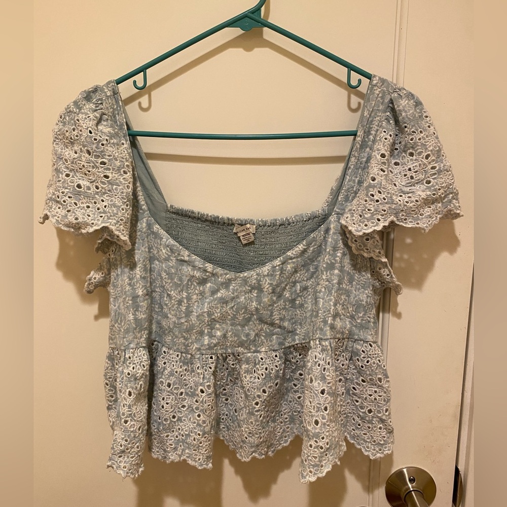 Women's Blue and White Eyelet Top